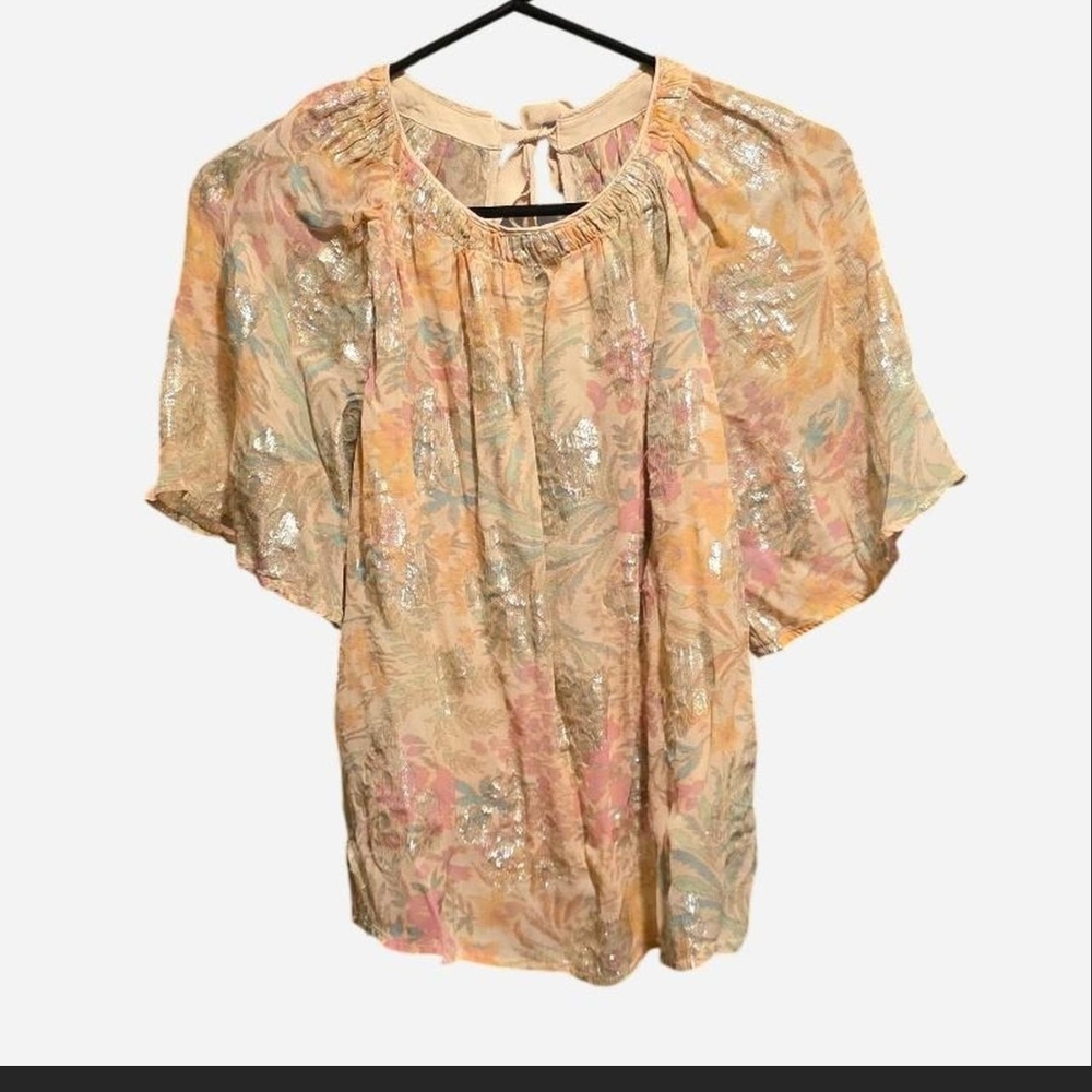 LOFT Light Peach Floral Metallic Detail Women’s Blouse